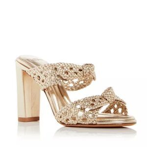 Alexandre Birman Clarita Braided Block Heel Sandals, Golden, New, Size 36